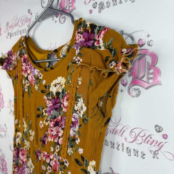 Mia joy dress long ruffle hem flowers crochet lace details Floral Mustard Dress - Picture 5 of 16